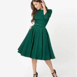 Unique Vintage 1950s Style Emerald Green Stretch Sleeved Devon Swing